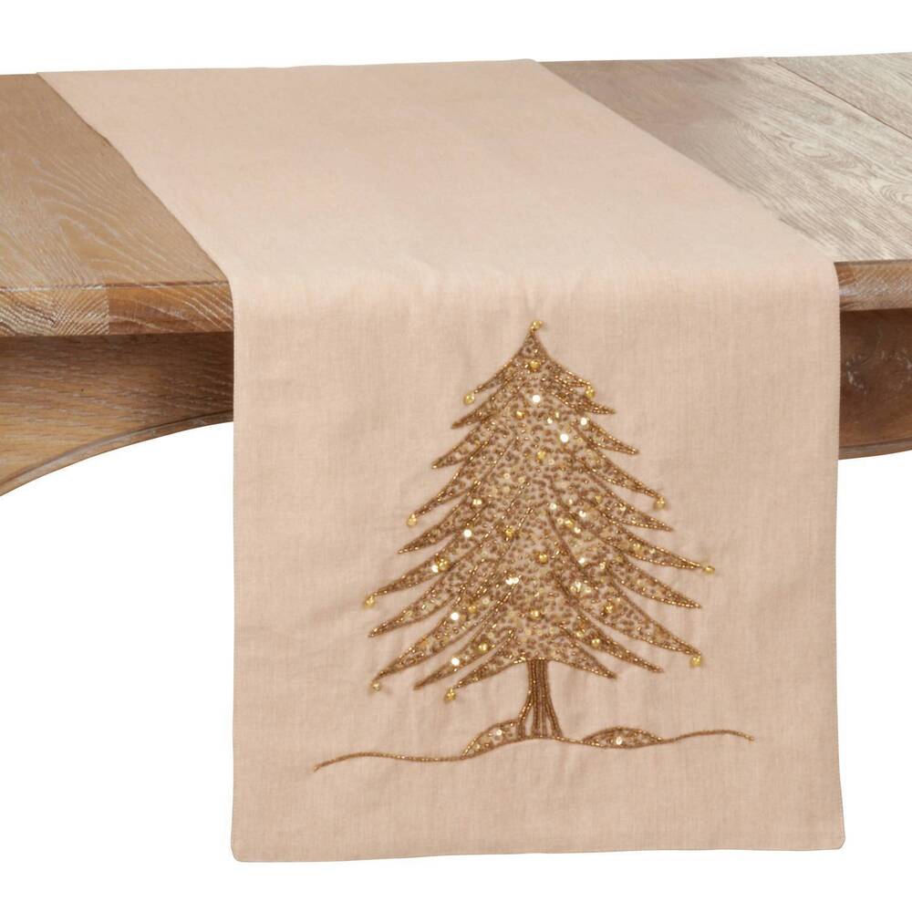 NEW SARO LIFESTYLE beaded christmas tree design runner in sand